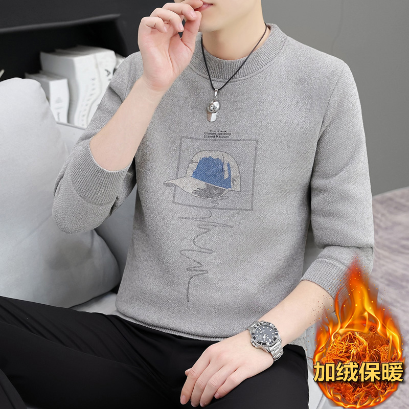 雪尼尔一体绒毛衣男士冬季保暖打底衫潮牌加厚针织衫男款加绒线衣
