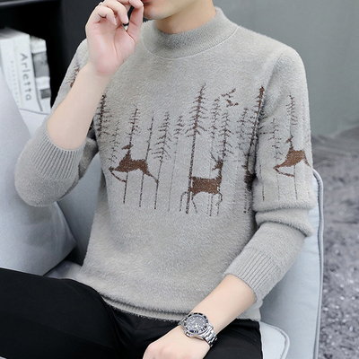 半高领毛衣男水貂绒打底衫秋冬季加厚中领毛线衣青少年长袖针织衫