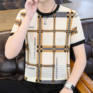 冰丝短袖T恤男夏季薄款速干汗衫圆领镂空潮流男装上衣青少年半袖