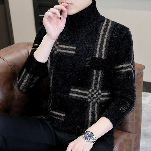 套头可翻高领条纹针织衫
