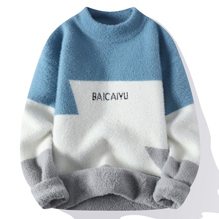 水貂绒毛衣男冬季加厚保暖衣服青少年潮流线衣半高领打底衫针织衫