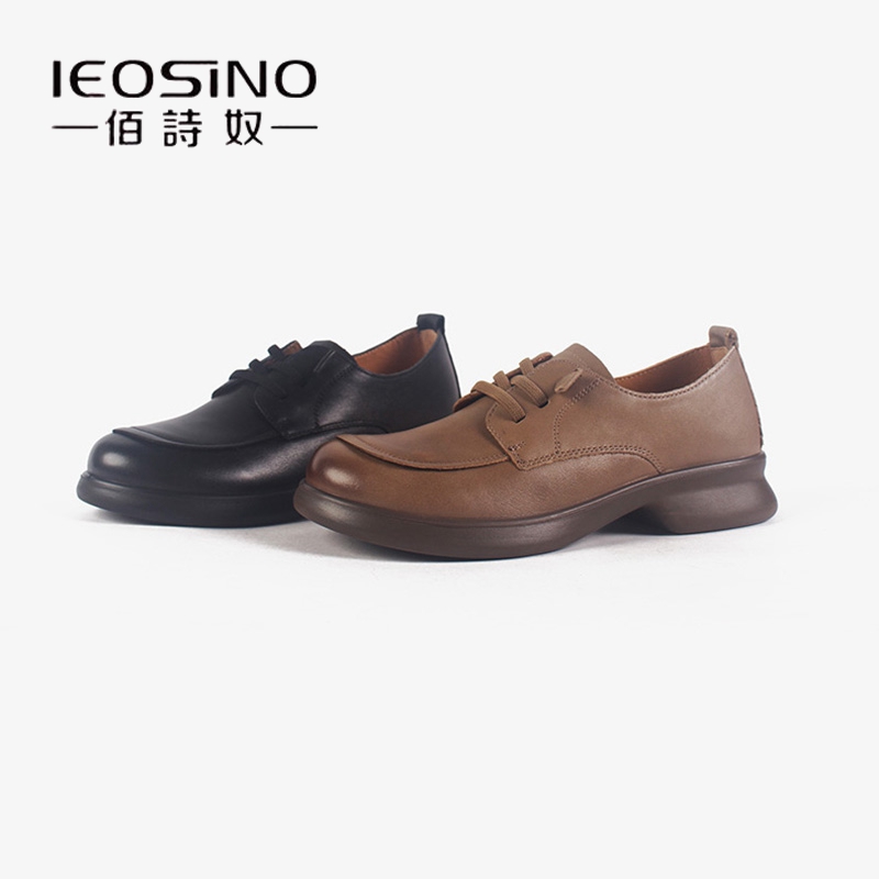 佰诗奴深口单鞋女2024年秋季新款真皮牛皮系带英伦风休闲小皮鞋女