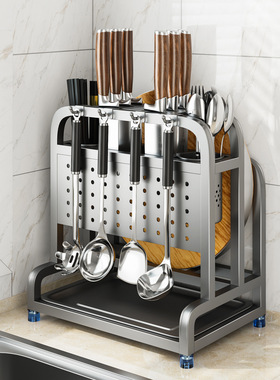 2024加粗不锈钢厨房刀架置物架菜板刀具多功能筷子筒一体收纳放置