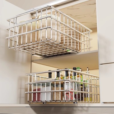 厨房橱柜拉篮抽屉式调味碗碟收纳拉篮抽拉式网格铁艺收纳筐置物架