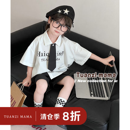 团子麻麻男童夏季领带衬衫薄款短袖休闲学院风男孩字母印花白衬衣
