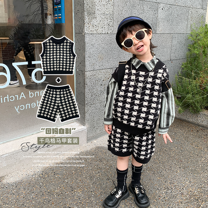 团子麻麻韩版针织两件春秋千鸟格