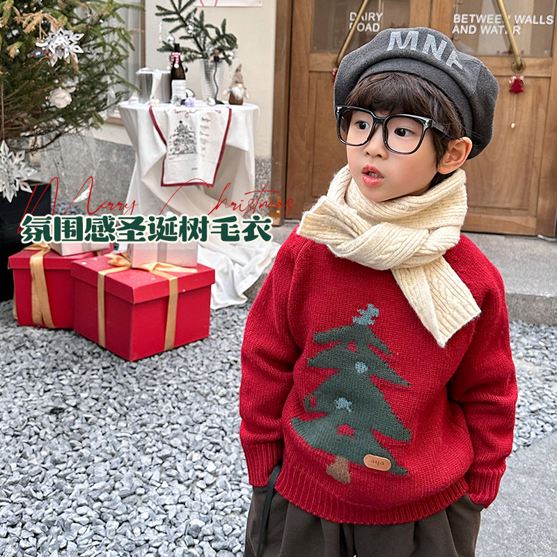 团子麻麻男童毛衣冬季红色圣诞树针织衫新年上衣儿童套头毛线衣潮
