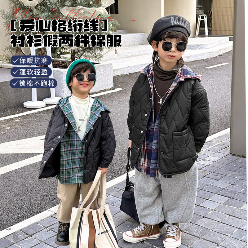 团子麻麻男童冬季中长款假两件棉衣童装拼接连帽外套韩版时髦上衣