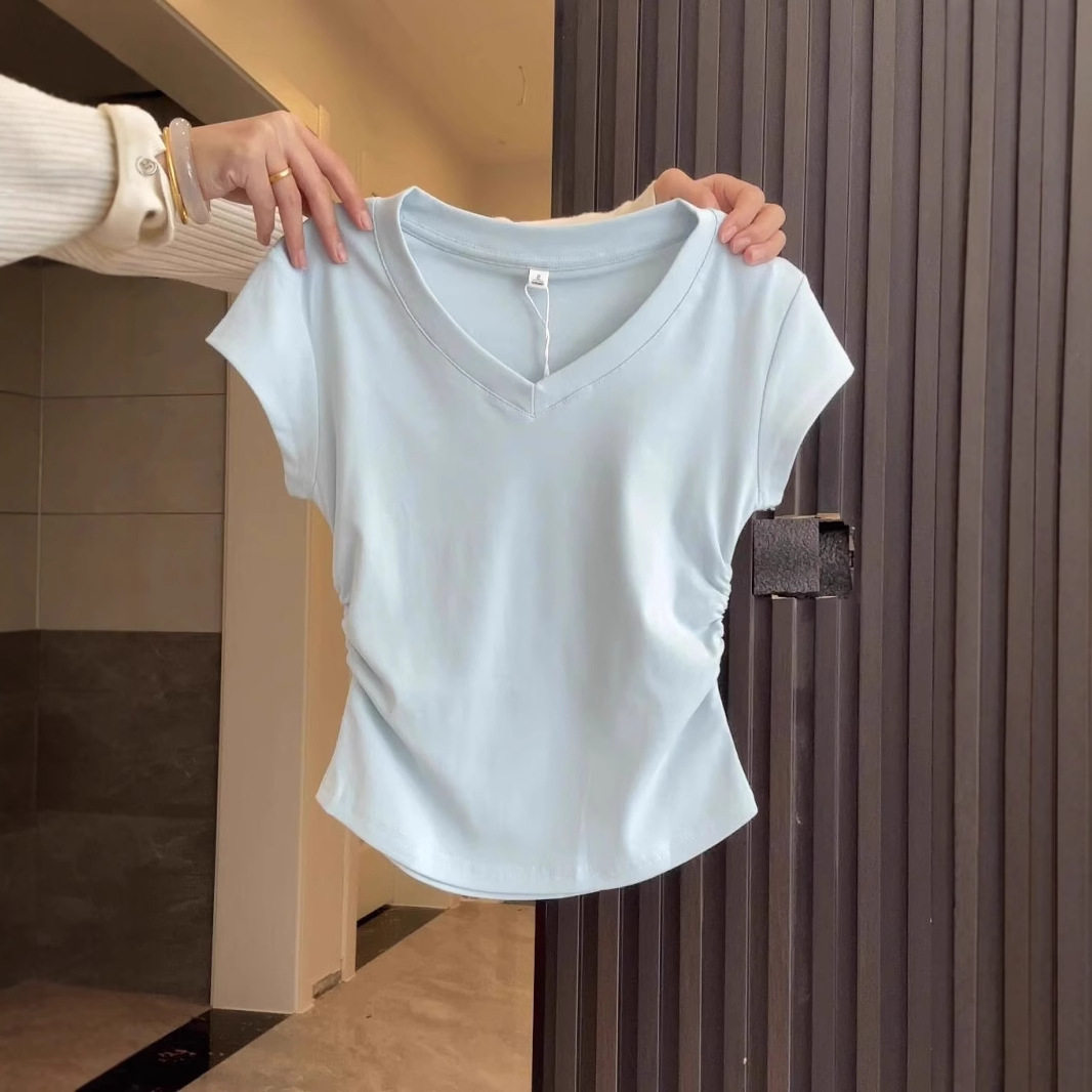 纯棉正肩v领短袖t恤女夏季修身显瘦褶皱设计感短款上衣潮2026新款
