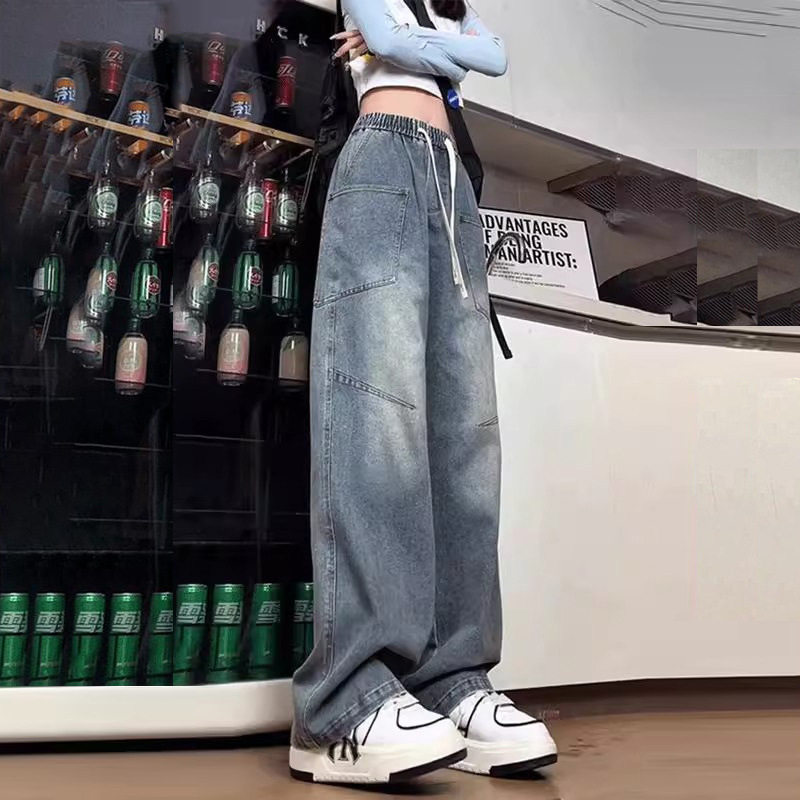 松紧腰抽绳弯刀牛仔裤男款春季宽松阔腿裤美式复古vibe直筒工装裤