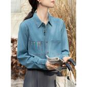 实拍绣花蓝色牛仔衬衫 上衣 女春秋叠穿设计感小众复古宽松长袖