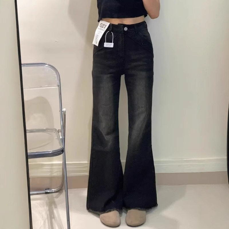 黑色毛边微喇牛仔裤女春秋季新款设计感高腰显瘦弹力直筒阔腿长裤