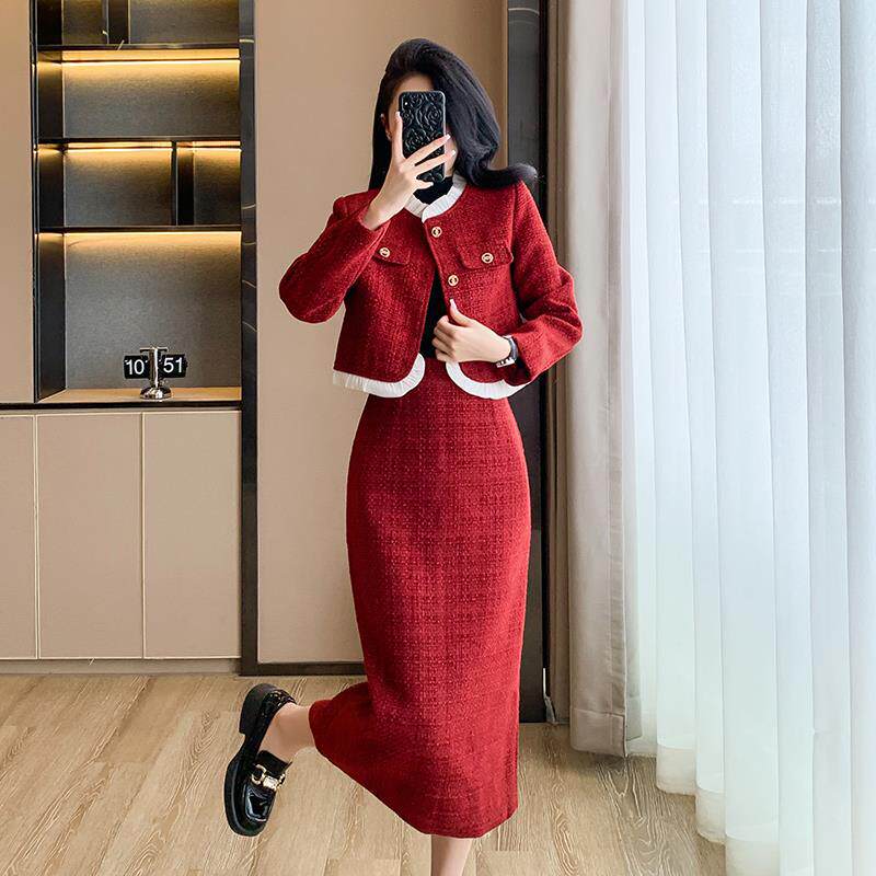 实拍小香风红色毛呢外套半身裙两件套女2026感名媛气质套装裙