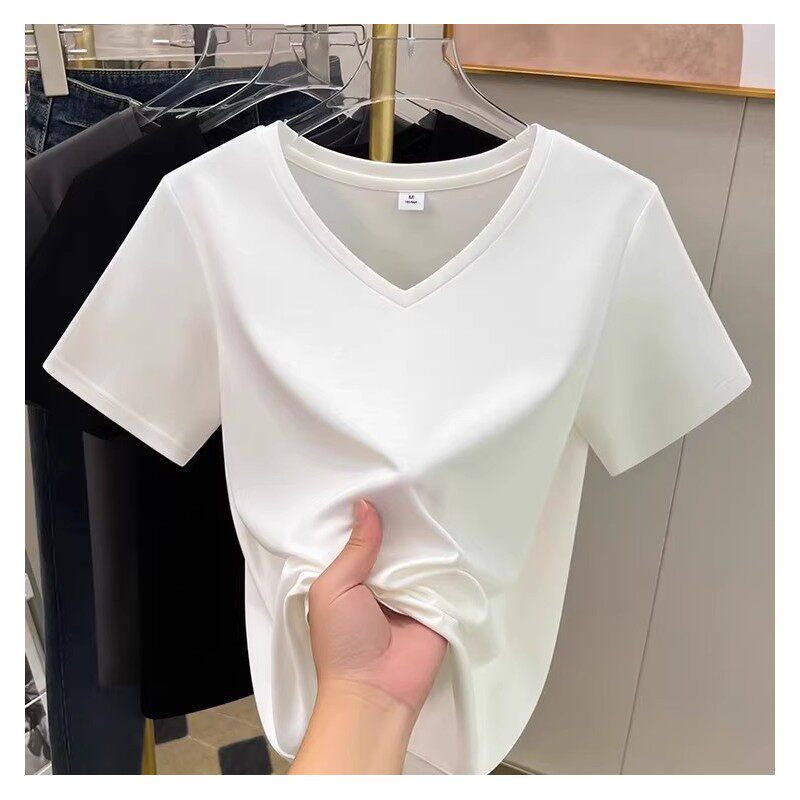 天丝高端正肩T恤女夏季新款V领短袖体恤宽松小众设计感白色打底衫