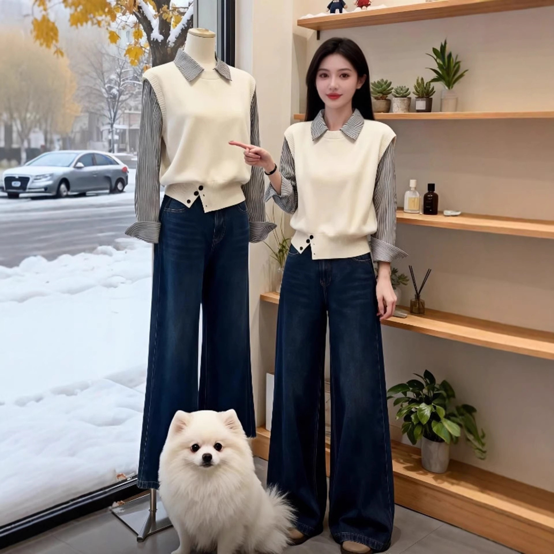 米白色假两件衬衫领条纹拼接针织衫毛衣女款2026新款春季穿搭上衣