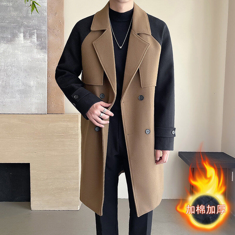 中长款拼接撞色海米尔毛呢风衣