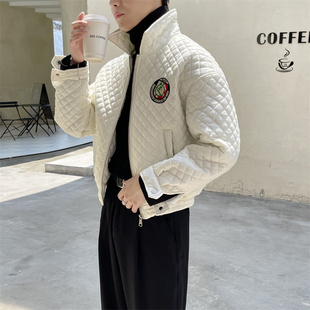 白色高立领刺绣夹棉棒球服韩系短款冬季男士菱形格棉衣外套高级感