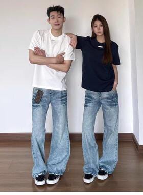 Pansk闪电纹冰蓝色牛仔裤男款美式微喇情侣裤子修身显瘦直筒长裤