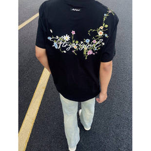 MEDM花卉刺绣t恤男款夏季美式高街潮牌短袖青少年痞帅纯棉5分半袖