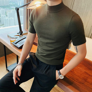 半高领短袖 T恤型男紧身弹力针织衫 修身 男士 韩版 中领打底线衫 春季