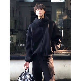 cleanfit黑色高领连帽开衫卫衣男款春秋美式高街重磅硬挺夹克外套