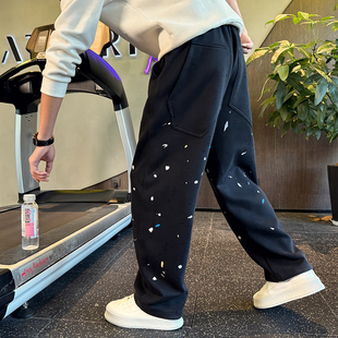 高级感泼漆直筒卫裤男冬款加绒厚运动男裤2024新款春秋裤子休闲裤