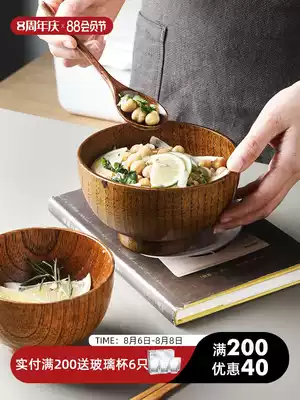Half-room Japanese-style ramen bowl Children's baby fall-proof meal handmade solid wood household large bowl spoon wooden tableware