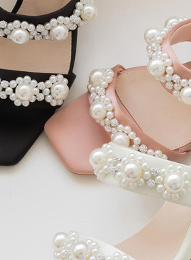 RANDA 23新款时尚珍珠花朵双带异形跟女穆勒凉鞋 DS31320