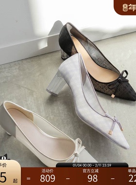 RANDA 24春季新款优雅半透明后跟沙丁布蝴蝶结透肤单鞋 PP33062