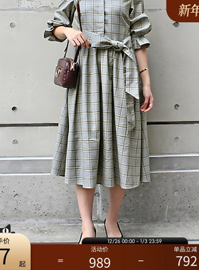 RANDA 黑色翻领系带连衣裙 中长款灯笼袖气质通勤女裙 BB01052