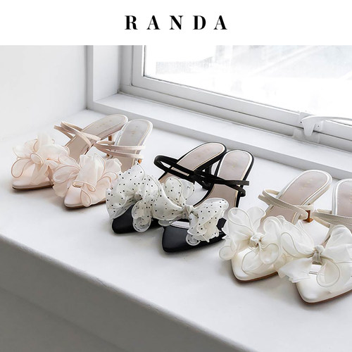 RANDA 26夏季新款雪纺花朵蝴蝶结清楚系尖头穆勒凉鞋女 PS37256
