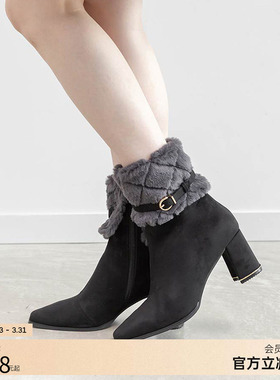 RANDA 25秋季新款COTTON系列可拆毛绒饰带4种穿法短靴女 PC36175