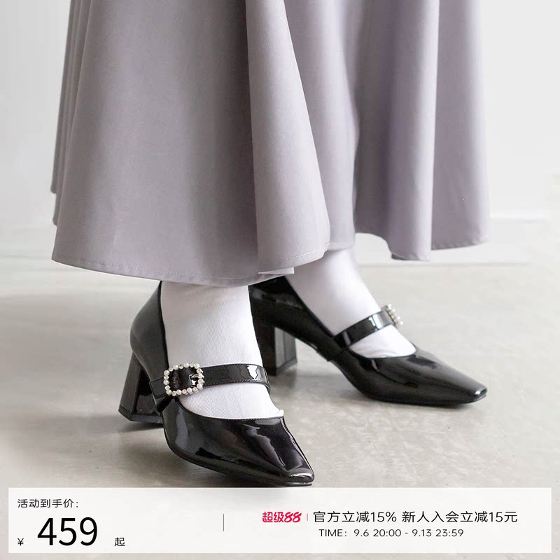 RANDA 24春季新款轻熟时尚雅致粗跟方头玛丽珍单鞋 PP33049图片