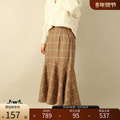 秋冬高腰显瘦长裙 RANDA 棕色格纹鱼尾半身裙 BB01257