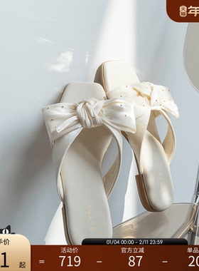 RANDA 25春夏新款蝴蝶结织物露趾平跟凉鞋 PR33259