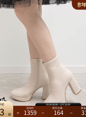 RANDA 25秋季新款COTTON系列厚底增高粗跟防水台短靴女 KC36120