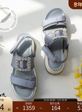 RANDA 24春季新款COTTON厚底方钻魔术贴沙滩运动女凉鞋PR31334