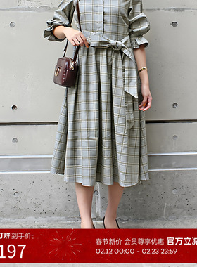 RANDA 黑色翻领系带连衣裙 中长款灯笼袖气质通勤女裙 BB01052