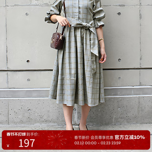 RANDA 黑色翻领系带连衣裙 中长款灯笼袖气质通勤女裙 BB01052