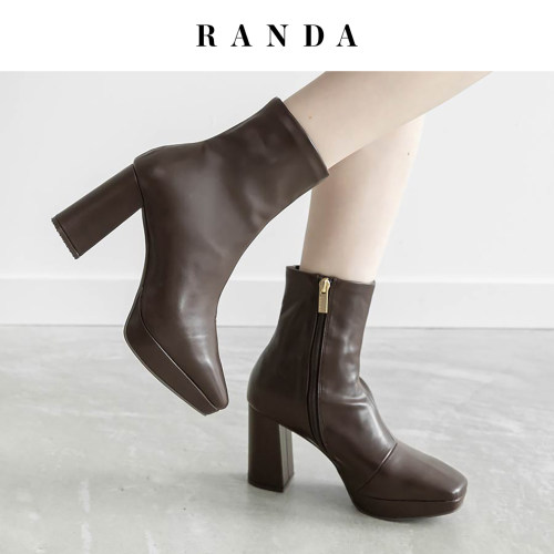 RANDA秋冬新款方头粗跟短靴