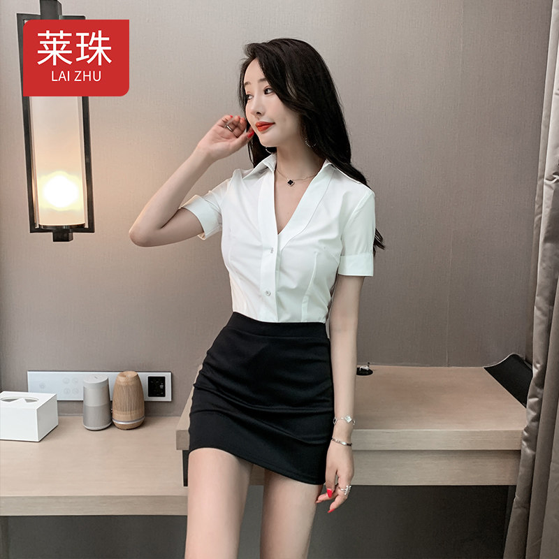 酒店空姐制服性感深V遮肚显瘦短袖衬衫套装新款简约足疗技师工衣