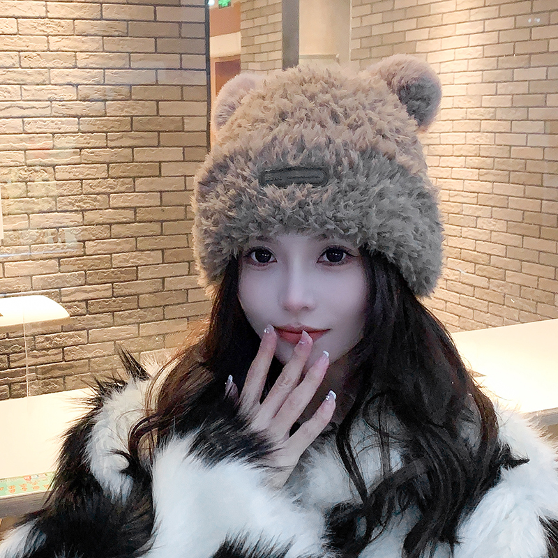 秋冬季小熊毛绒帽子女2025新款韩版甜美包头帽大头围保暖针1027n
