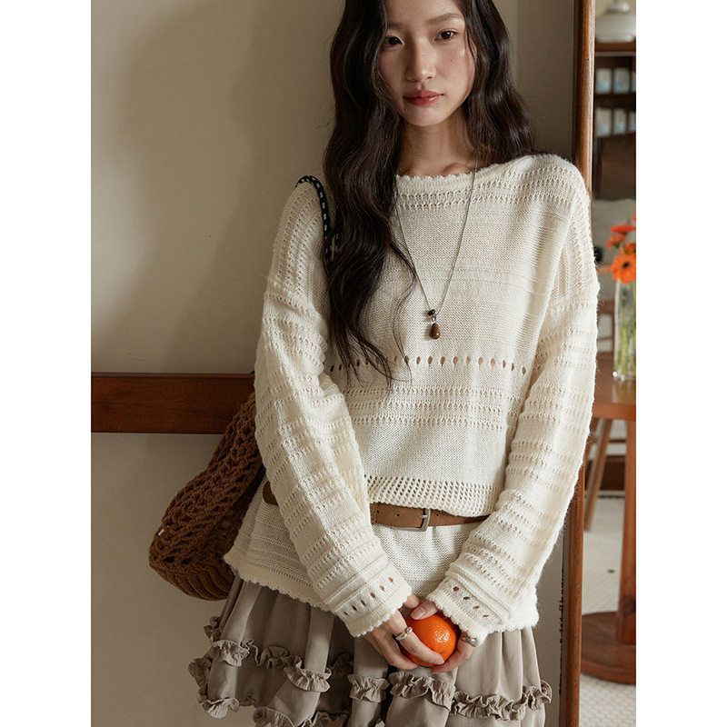 【甜橙香巧】兴北 复古镂空提花圆领针织衫秋季羊毛长袖上衣J536C