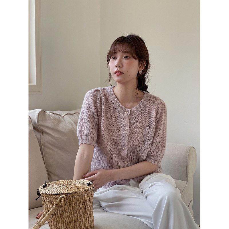 【米洛奶油手工花】复古羊毛针织开衫秋季新款短袖上衣N714B