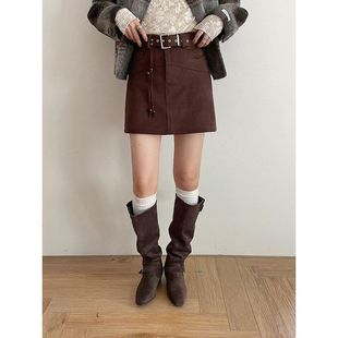 a字半身裙N808C 兴北配流苏腰带仿麂皮绒短裙冬季 中古生巧半裙