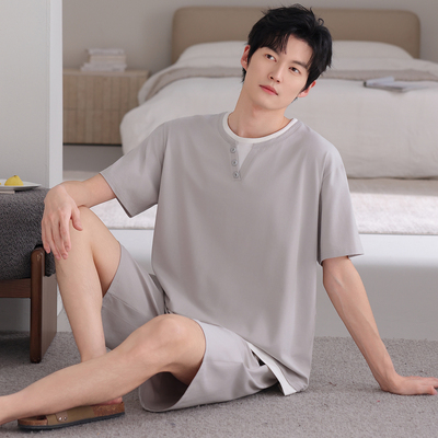 夏季短袖短裤男士睡衣圆领套头式纯棉家居服套装 6040+6046