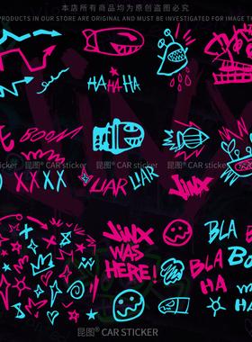 Jinx金克斯个性英文贴纸涂鸦黑夜英雄车身反光玻璃装饰头盔行李箱