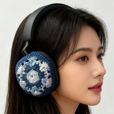 手工DIY蓝白祖母格毛线耳机保护套横梁套适用飓风3索尼XM4XM5 XM6苹果APM头戴式耳机横梁手工钩织可定制尺寸