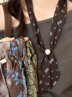 复古菱形格纹丝巾项链女款秋冬系脖抽拉毛衣链高级感时尚挂脖配饰