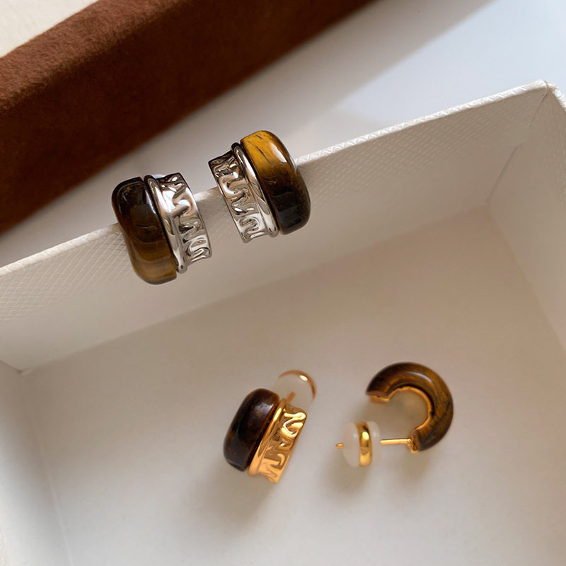 银针美拉德虎眼石金色蛇年双环耳圈女高端复古轻奢高级感耳环耳饰
